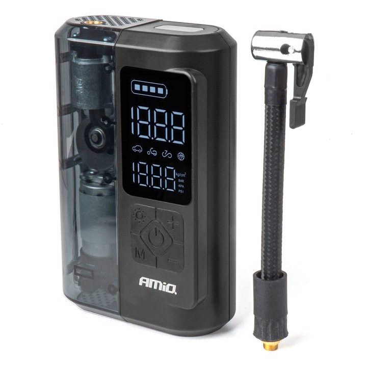 Compresor auto fara fir, AMIO, 10 bar, LED, USB-C, 2x2000 mAh