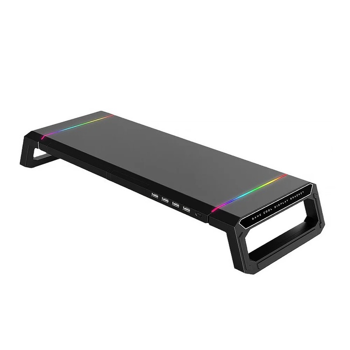 Monitortartó, Asztali emelő, Összecsukható, Tárolófiókkal, Tablet- és telefontartó, USB 3.0 és 2.0 portok, RGB világítás, Fekete
