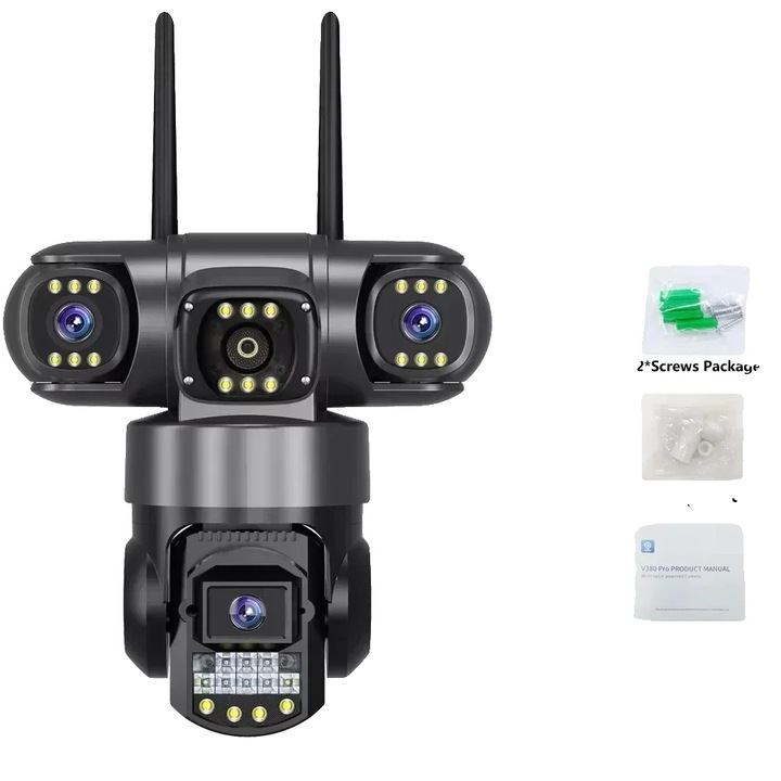 Cameră de supraveghere, 12MP, trei lentile, viziune nocturnă, 4G, 256GB, rezistentă IP66, accesorii incluse
