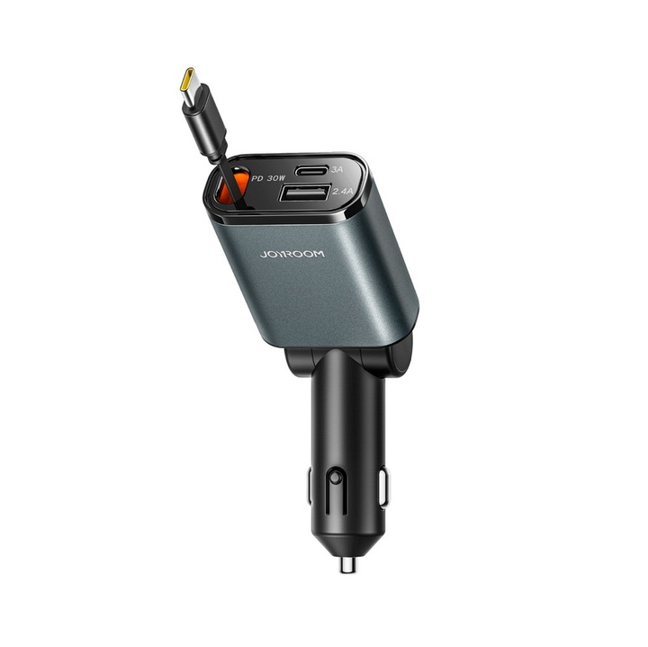Incarcator auto Joyroom JR-CCL07, 1 x Port USB-C 15W, 1 x Port USB-A 12W, 1 x Cablu USB-C 30W, Gri inchis