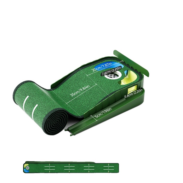 Covor de golf pentru putting, 10x3ft, verde, cu sistem de returnare a mingii, 4 marcaje de distanta