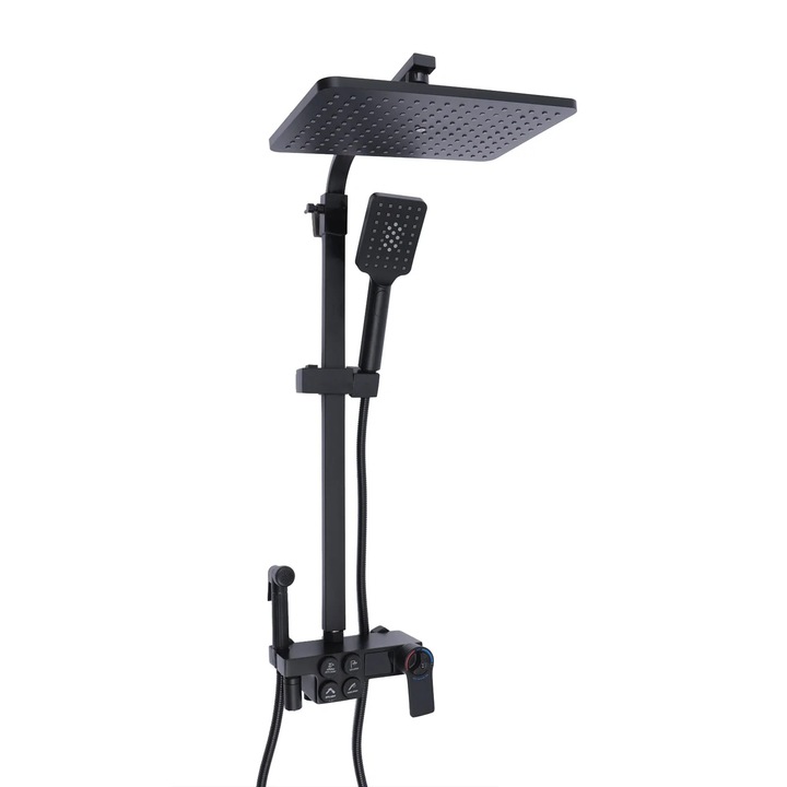 Sistem de dus, baterie termostatica, dus tip ploaie, set de dus complet, negru