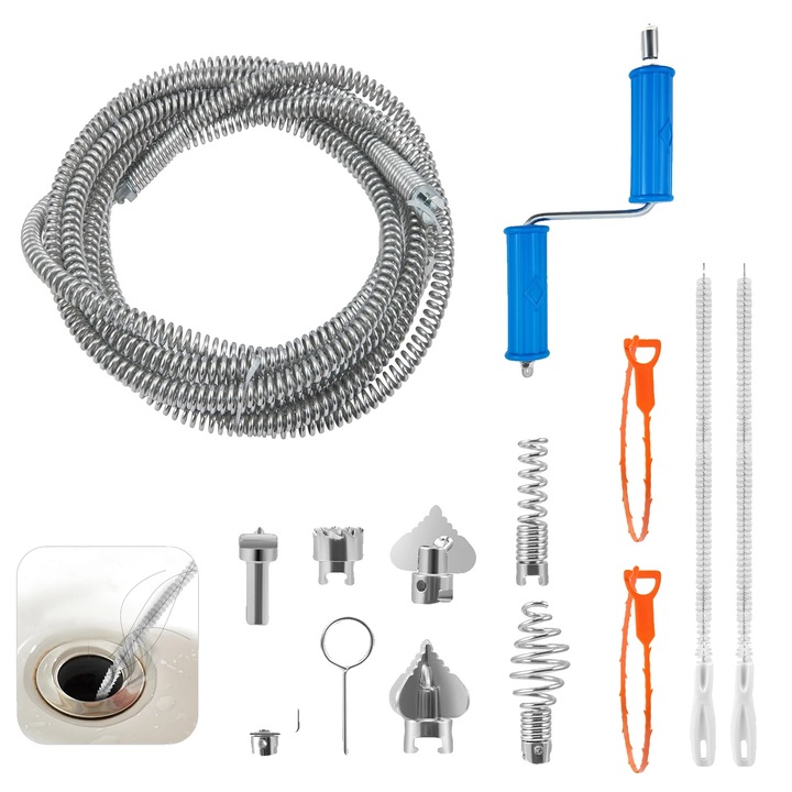 Unealta de curatare a canalizarii, 5m, 6 capete interschimbabile, albastra