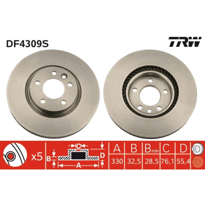 TRW első féktárcsa, 333mm, 32,5mm vastagság, hűtött, 5 rögzítőfurat, 120mm furatkör átmérő, 76,1mm középfurat, 55,6mm magasság