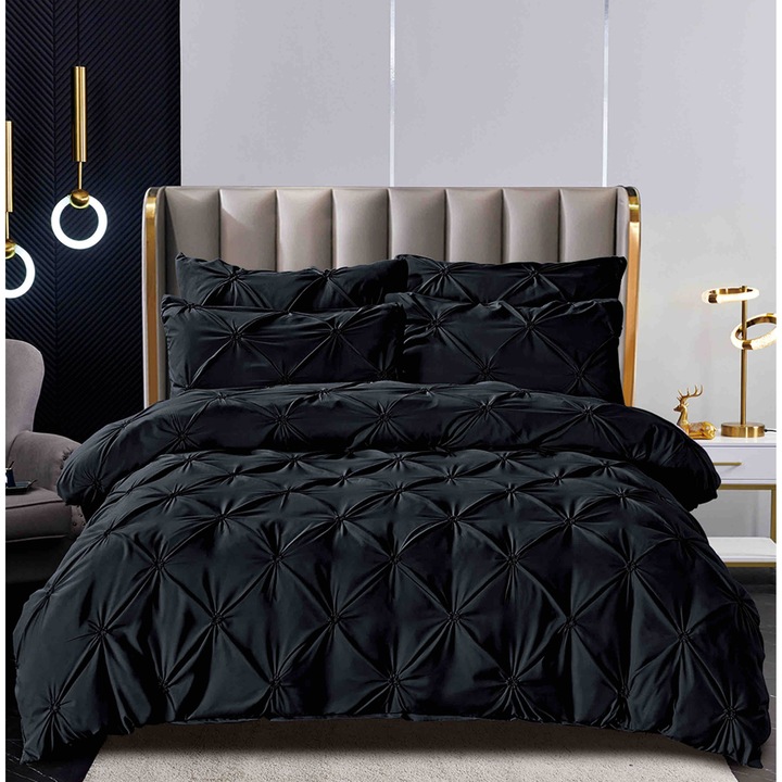 Set Lenjerie CHIRASO, cu Pliuri Decorative, 6 Piese, Cearceaf cu Elastic 160x200+35 cm, Husa Pilota 200x230 cm, 4 Fete de Perna, UNI, negru