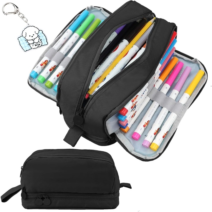 Ученически несесер, Aottom, Голям капацитет, 4 отделения, Мултифункционален, Преносим калъф за моливи, 22X9.5X10cm, черен