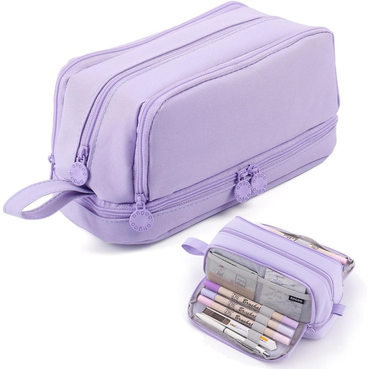 Penar scolar Aottom, 4 compartimente, violet, 22x9.5x10cm