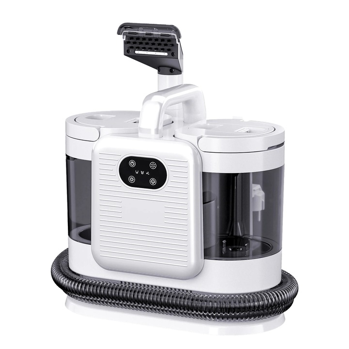 Curatator cu abur, De mana, 1650 W, Putere de aspirare 15 kPa, Abur fierbinte, Perie cu pulverizare, Pentru canapele, covoare, interior auto, 220 V stecher UE, Alb