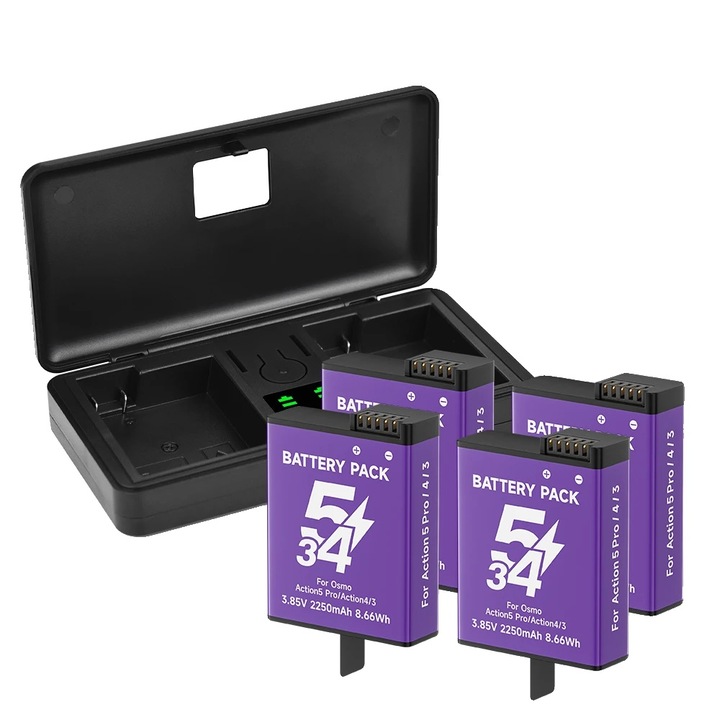 Set baterie 2250mAh cu incarcator dual, pentru DJI Osmo Action, dimensiuni 110x60x24mm