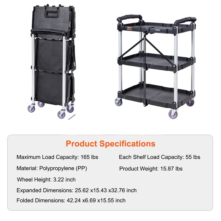 Carucior utilitar pliabil, 3 etaje, roti pivotante cu blocare, 15.87lbs, dimensiuni compacte