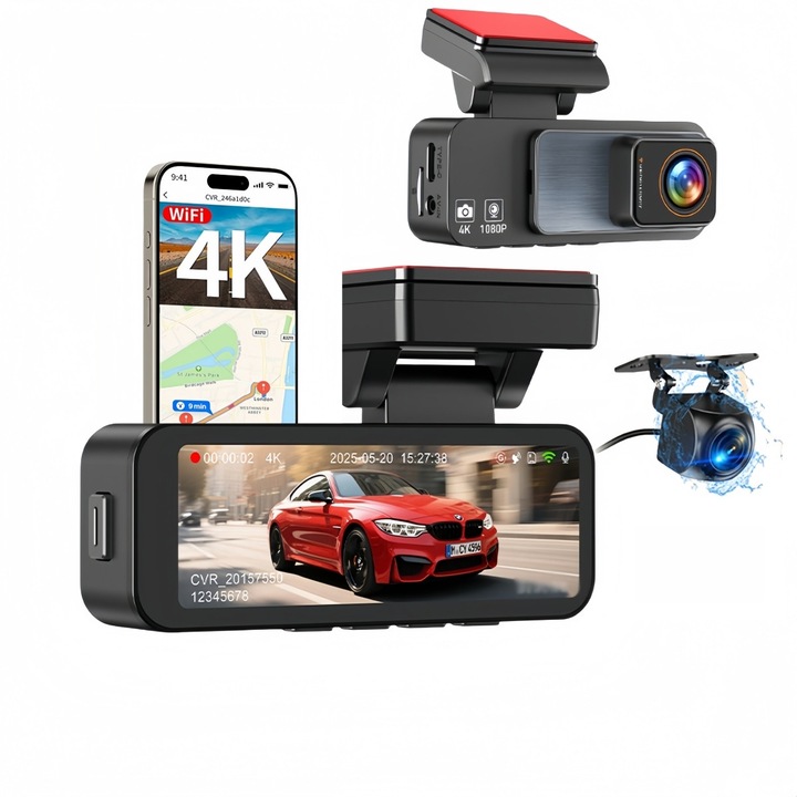 Autó fedélzeti kamera 4K UHD (2160P) GPS-szel és 3,2 hüvelykes képernyővel, tolatókamerával együtt, hatékony hőálló hűtéssel, hurokfelvétellel, G-szenzorral, HD éjszakai látással, Full HD 1080P