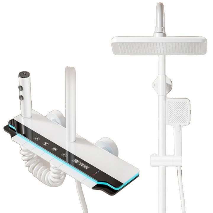 Set de dus cu display digital, caracteristici ajustabile, alb, din otel inoxidabil