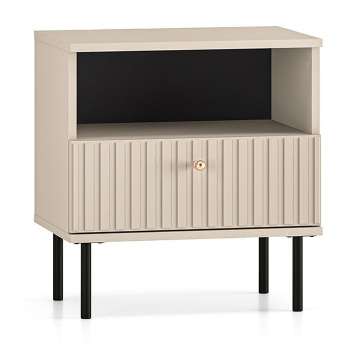Noptieră cu 1 sertar, casmir beige crem, model riflaj, picioare negre, 53x50x34 cm