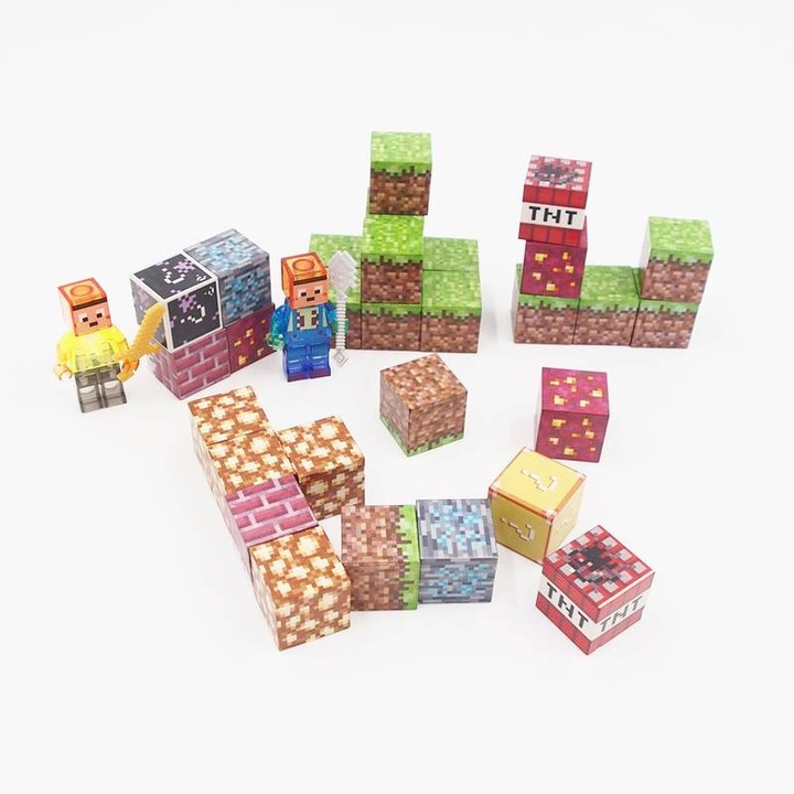 Set de constructie magnetic ANGMAD, Minecraft MyWorld, 100piese magnetice, 2 figurine, dimensiune piesa: 2x2x2cm, multicolor, varsta min. recomandata 3 ani+