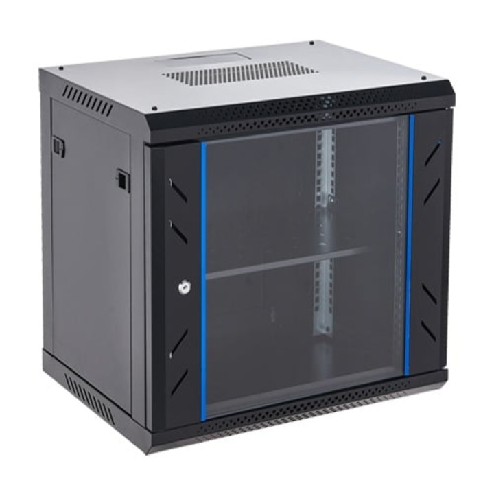 Rack / szekrény fém 12U fali, 600x450, biztonsági üvegajtó, kulcsos zár