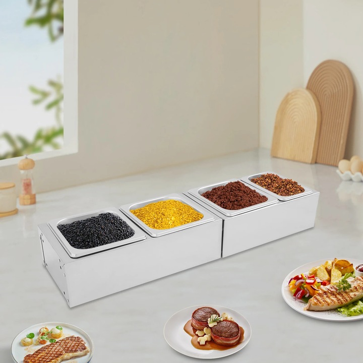 Recipient condimente, 4 compartimente, inox, argintiu, design compact