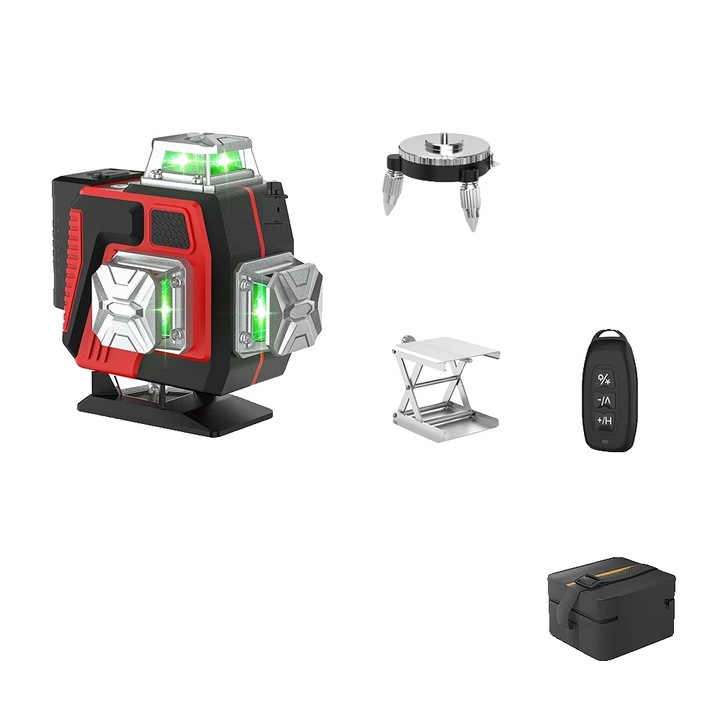 Zöld lézeres szintező, 16 vonal, 33 láb + 1/9 hüvelyk pontosság, méretek 24x23x5cm, vászontáskával