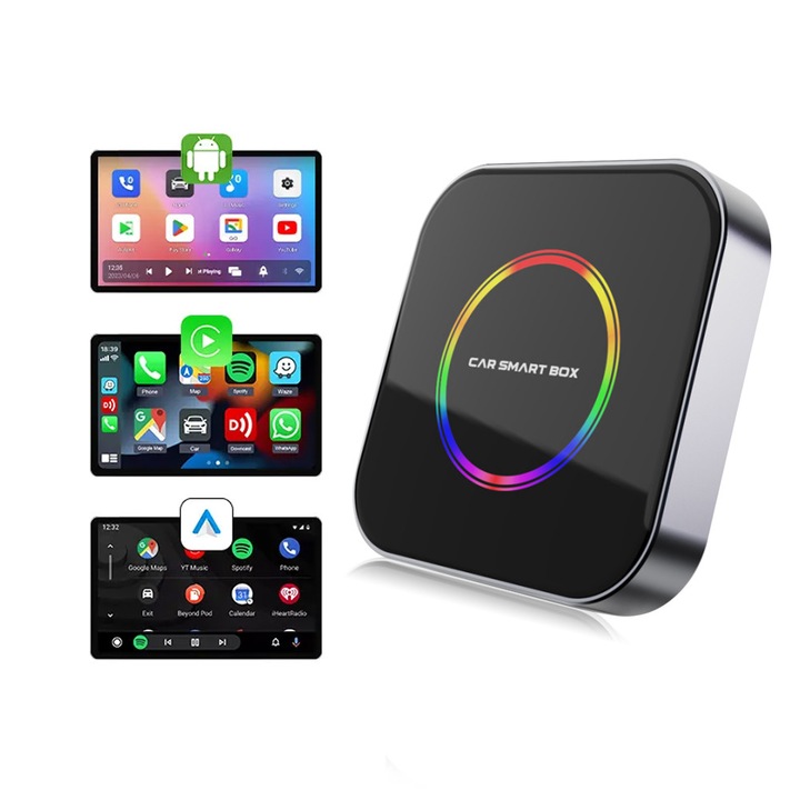 Безжичен адаптер за кола RAELUM Ai Box CarPlay и Android Auto, Интегрирана система Android 13, Смарт кутия за кола, За автомобили с фабричен кабелен CarPlay, 4GB/64GB, Слот за TF карта, 4G SIM, Netflix, YouTube, Play Store, Plug and Play стрийминг модул