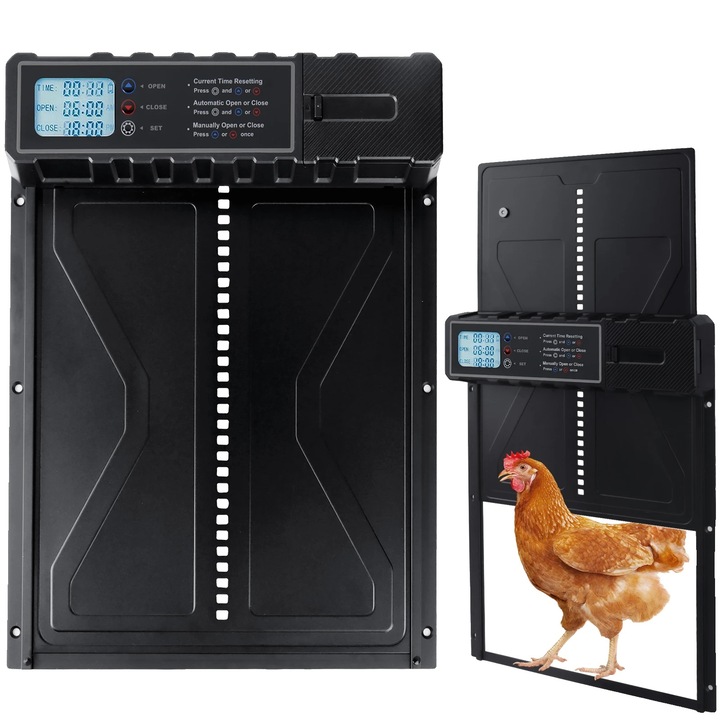 Usa automata pentru cotet de gaini, functionare temporizata, siguranta anti-pinch, neagra, dimensiune standard