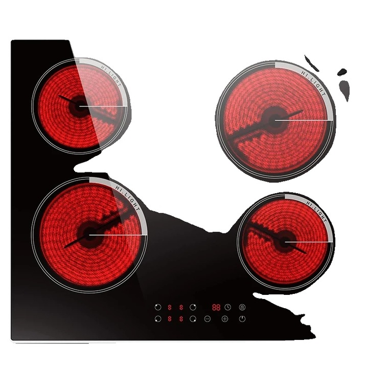 Beépíthető elektromos főzőlap, 4 főzőzóna, érintőpaneles vezérlés, fekete, 60x55cm