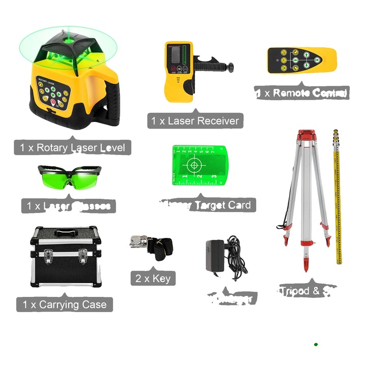 Комплект измервателни инструменти, лазерен нивелир, 360° сканиране, зелен лъч, 500м, алуминий