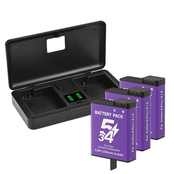 Set 3 Baterii 2250mAh si Incarcator Rapid, Dimensiuni 110x60x24mm, 44x34x12mm