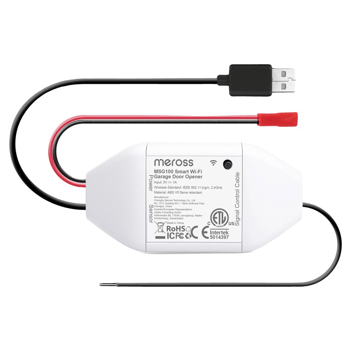 Kit automatizare usa garaj Meross, compatibilitate smart, alerte de securitate, dimensiuni 9.4x4.6x2.3cm, EU cu HomeKit
