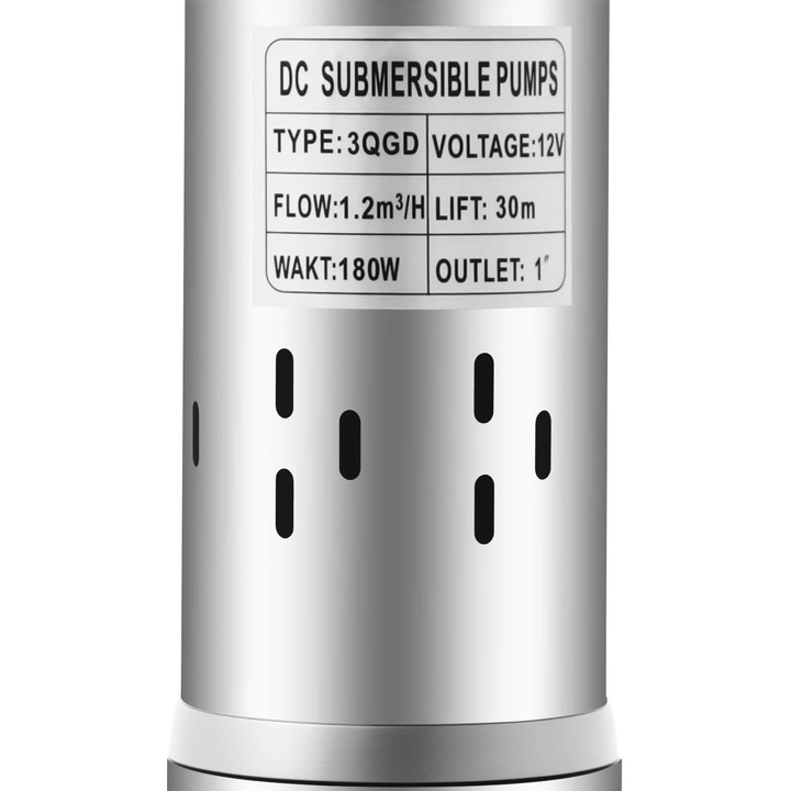 Pompa de apa, Pompa submersibila pentru put adanc, 180 W, 12 V, Otel inoxidabil, Motor din cupru pur, 3000 rpm, Pentru gradini si ferme, Argintiu