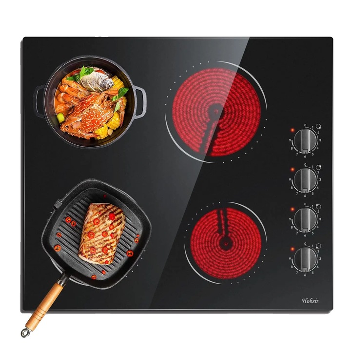 Elektromos főzőlap, 4 zónás, 9 teljesítményszint, fekete, 60x45-55cm