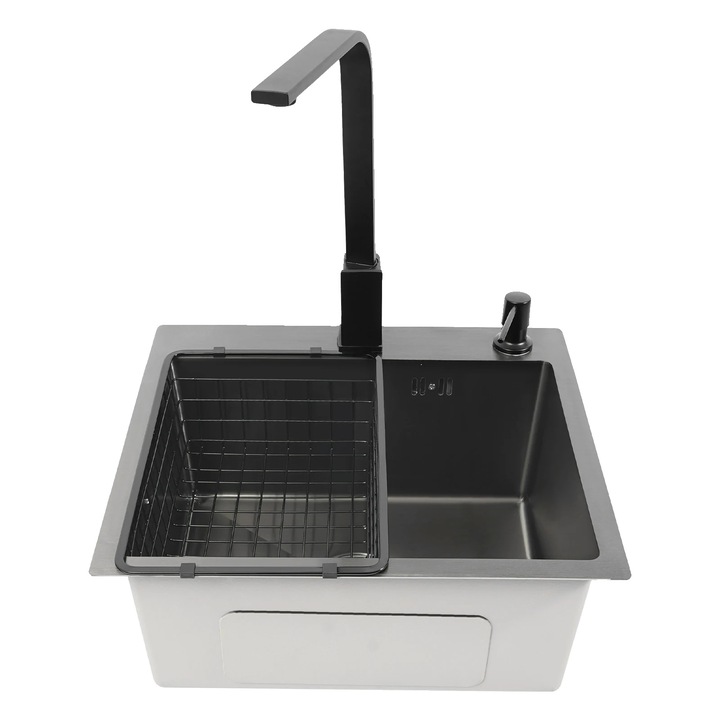 Chiuveta bucatarie OEM, inox, montaj sub blat, negru, 1 cuva, dozator sapun, baterie inalta 360°