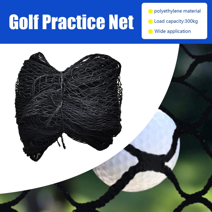 Golf edzőháló, 3x3 m ütőháló, Polietilén, 2,5 cm rombusz szemek, Szövött, Kötélvastagság 1,8–2 mm, Fekete