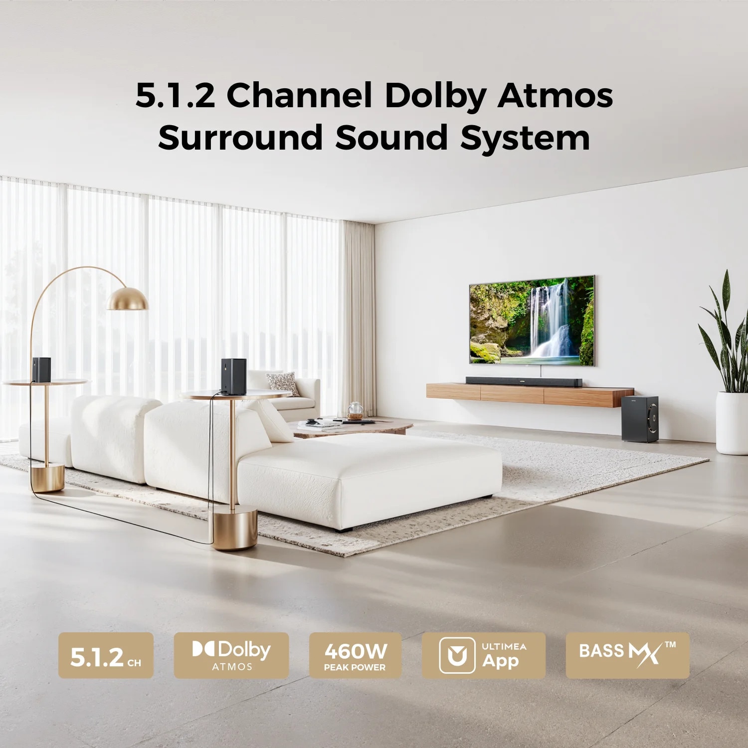 Soundbar Skywave F40 Boom, Ultimea, sistem 5.1.2 canale, sunet 360, cu doua difuzoare surround, control de la distanta, negru