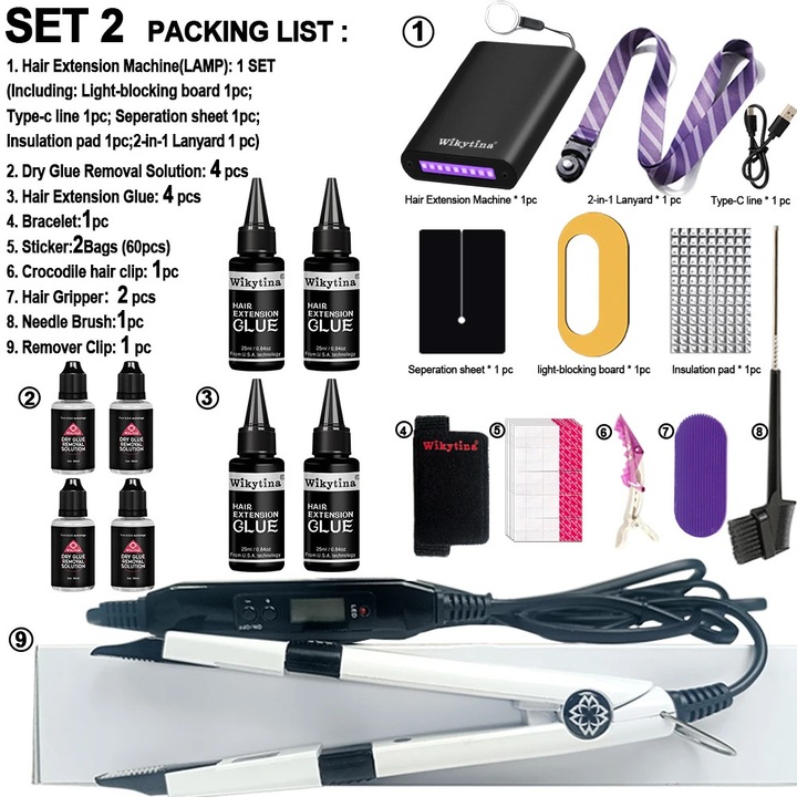 Kit pentru extensii de par, unelte, adeziv UV, masina de extensii