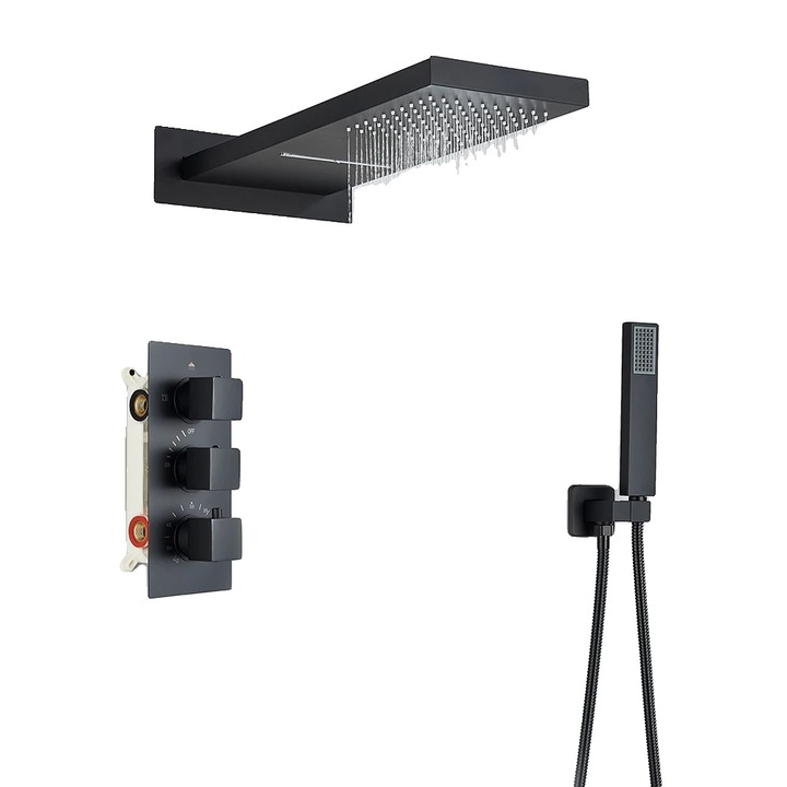 Set de dus, mixer termostatic, functionalitate ploaie si cascada, negru mat