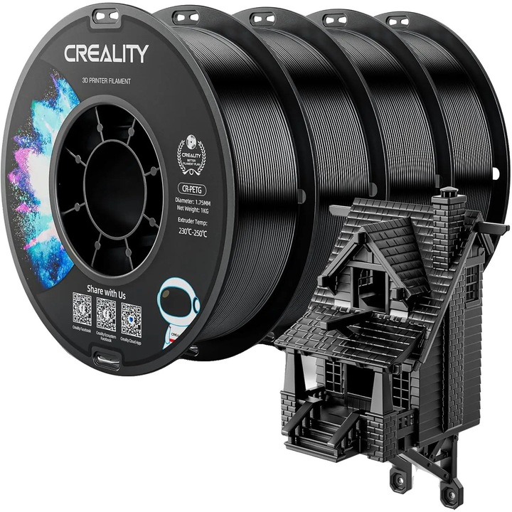 3D Filament, PETG, magas hőmérsékletnek ellenálló, fekete, 1.75mm, 4 tekercses készlet