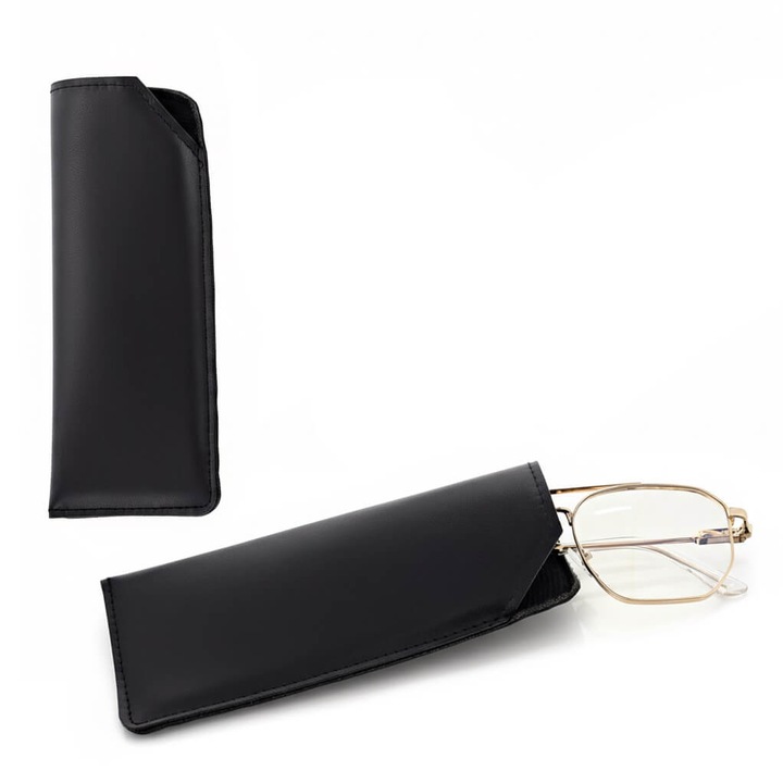 Husa pentru ochelari de vedere si ochelari de soare, Stylion, tip slip-on, din piele ecologica moale, cu captuseala interioara delicata, protectie anti-zgarieturi, eleganta si portabila, negru, 16x7 cm