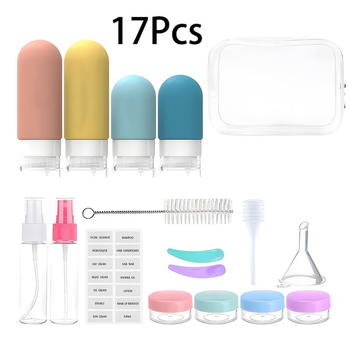 Set recipiente reutilizabile pentru calatorie, Xiusaqio, 17 piese, design rezistent la scurgeri, silicon, multicolor
