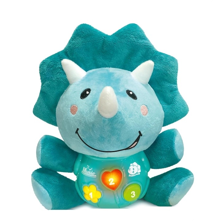 RQQM dinoszaurusz plüssjáték, interaktív babáknak, fényekkel és hangokkal, kék, 6 hónapos kortól