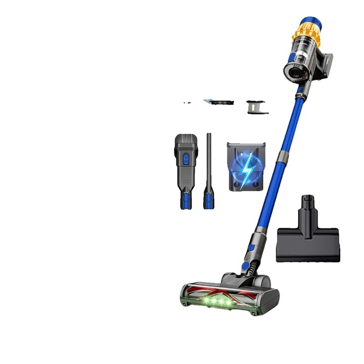 Aspirator fara fir V22, putere de aspiratie 650W, capacitate cutie de praf 1-2L, albastru, 4-5 duze
