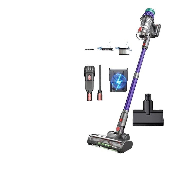 Aspirator fara fir V22, putere de aspiratie 650W, capacitate cutie de praf 1-2L, violet, 4-5 duze