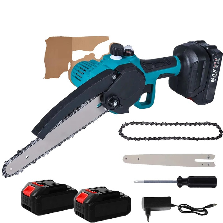 Vezeték nélküli elektromos láncfűrész, ergonomikus kialakítás, 2 akkumulátor, 21V-24V, kompakt méretek