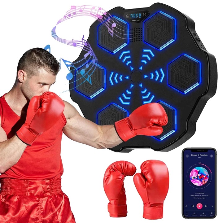 Boxgép, interaktív edzés, Bluetooth csatlakozás, készlet 2 pár kesztyűvel