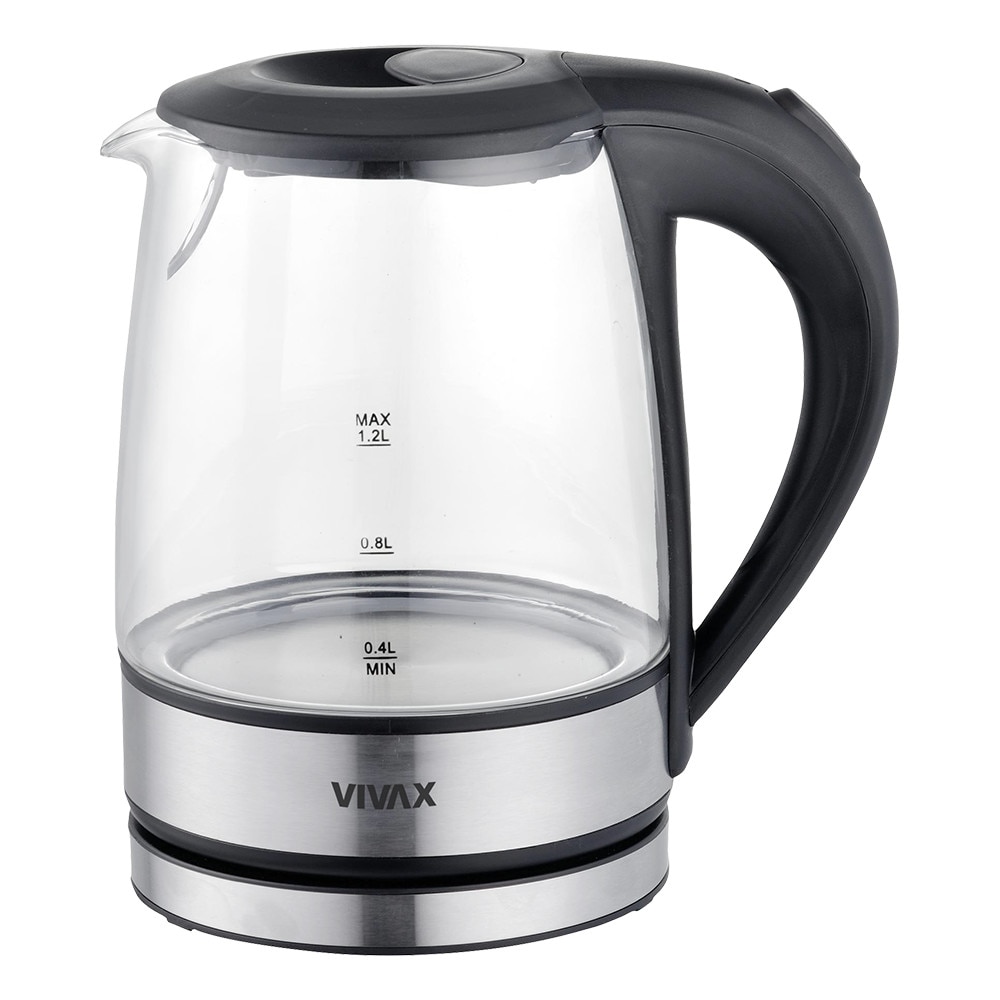 Fierbator electric Vivax WH-120G, 1630 W, 1.2 litri, sticla borosilicata, baza rotativa 360 °, incalzitor din otel inoxidabil, negru