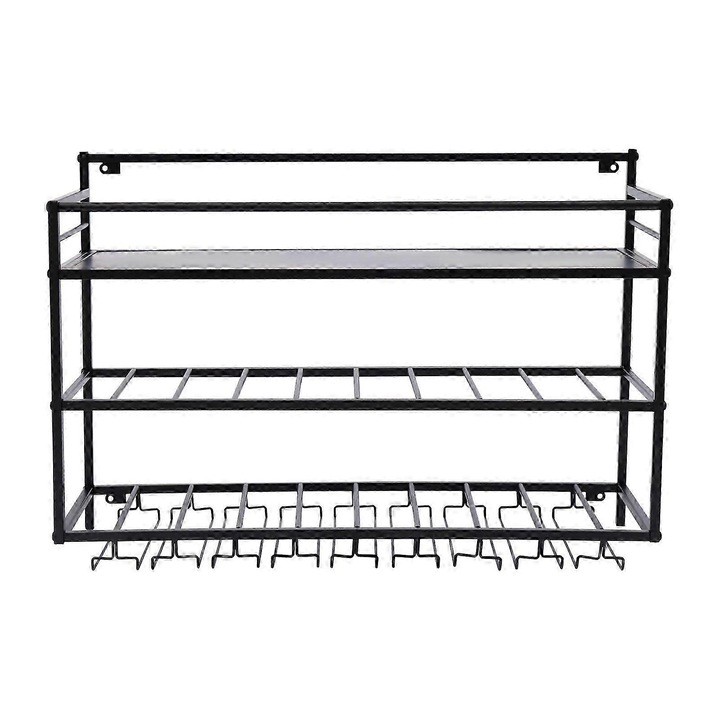 Suport pentru sticle de vin montat pe perete, 80cm, negru, din otel, cu suporturi pentru pahare, set complet