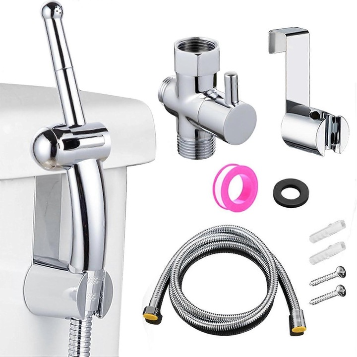 Pulverizator de mana pentru bideu, furtun de dus dininox, 59 inch, cap de dus anal, dimensiuni 1/2 inch BSP, argintiu