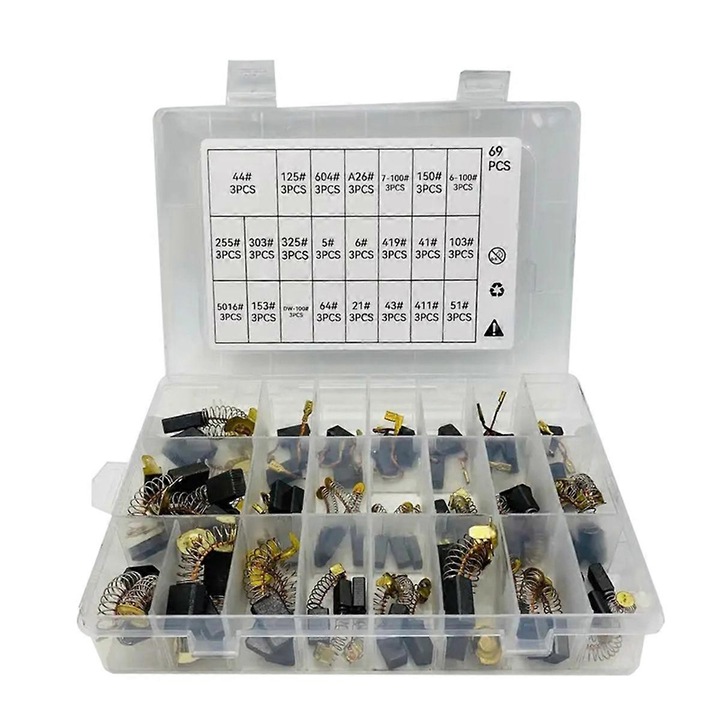 69 darab szénkefe elektromos motorokhoz, különböző méretekben 4x6x13mm - 7x17x18mm
