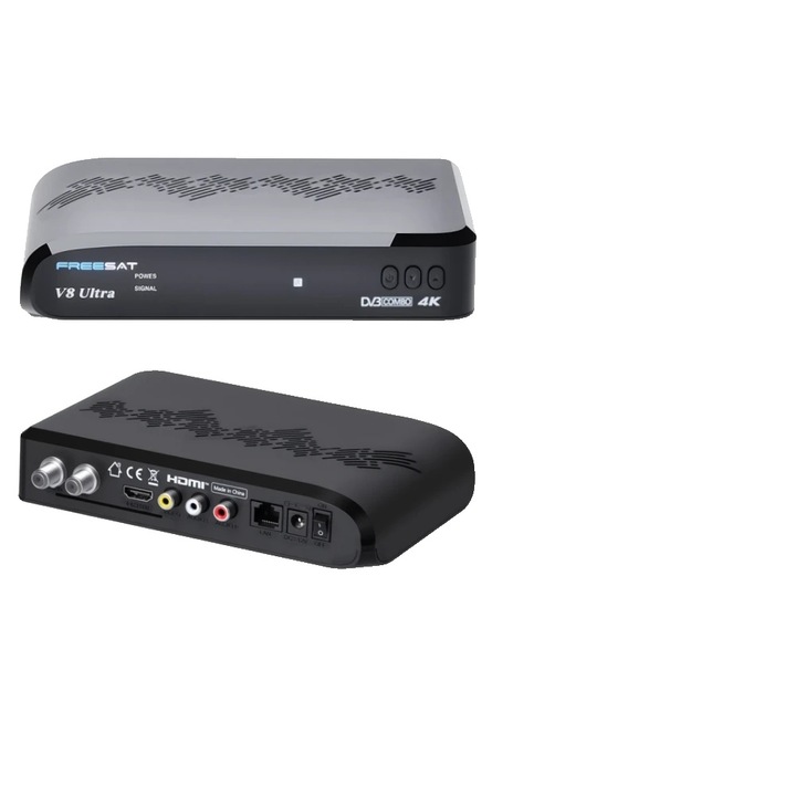 Receiver satelit 4K Ultra HD, FREESAT V8 Ultra, compatibilitate DVB, port Ethernet, mufa EU