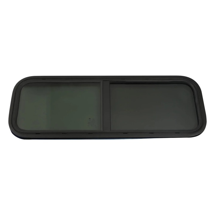 Geam lateral pentru rulota/autorulota, 90 x 30 cm, sticla neagra securizata, rama din aluminiu, plasa antiinsecte si inel de montaj, dreptunghiular, negru