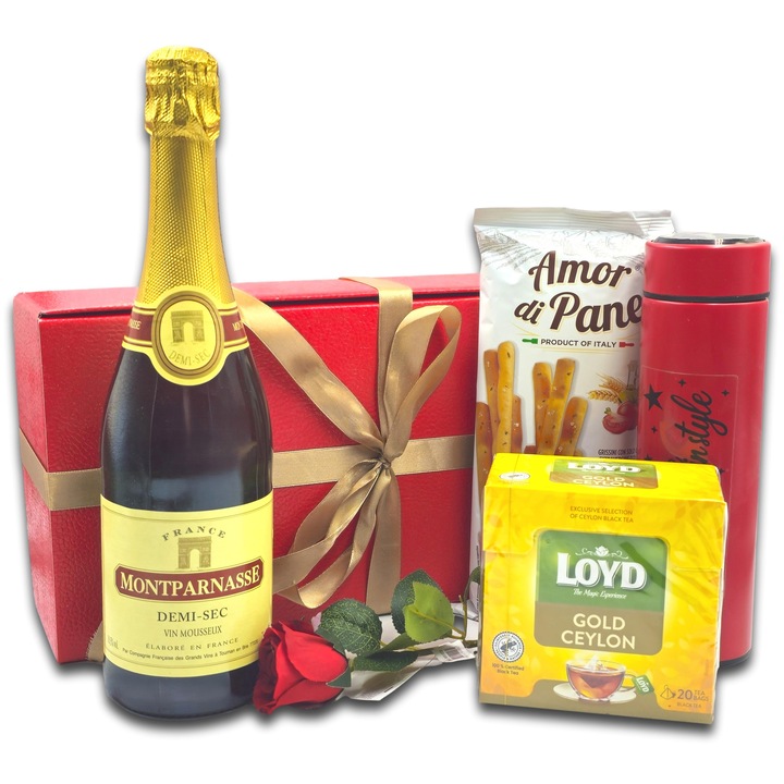 Pachet cadou elegant, CADOURI PREMIUM®, model Red Rose, cu spumant frantuzesc Montparnasse Brut potrivit pentru orice ocazie festiva