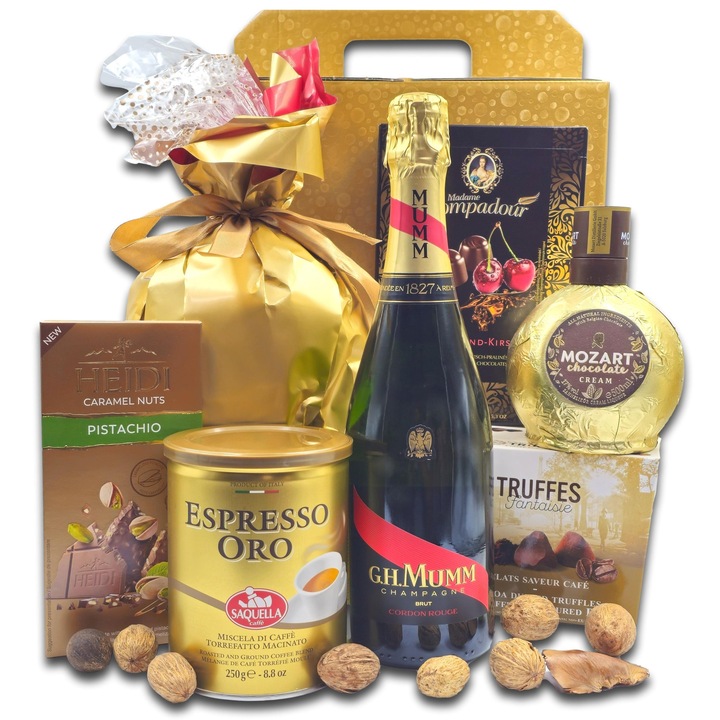 Pachet cadou elegant, CADOURI PREMIUM®, model Mumm Rouge, care contine sampanie GH MUMM, lichior Mozart si cafea Saquella Oro, toate acestea asortate cu surprize dulci, apreciate de toata lumea